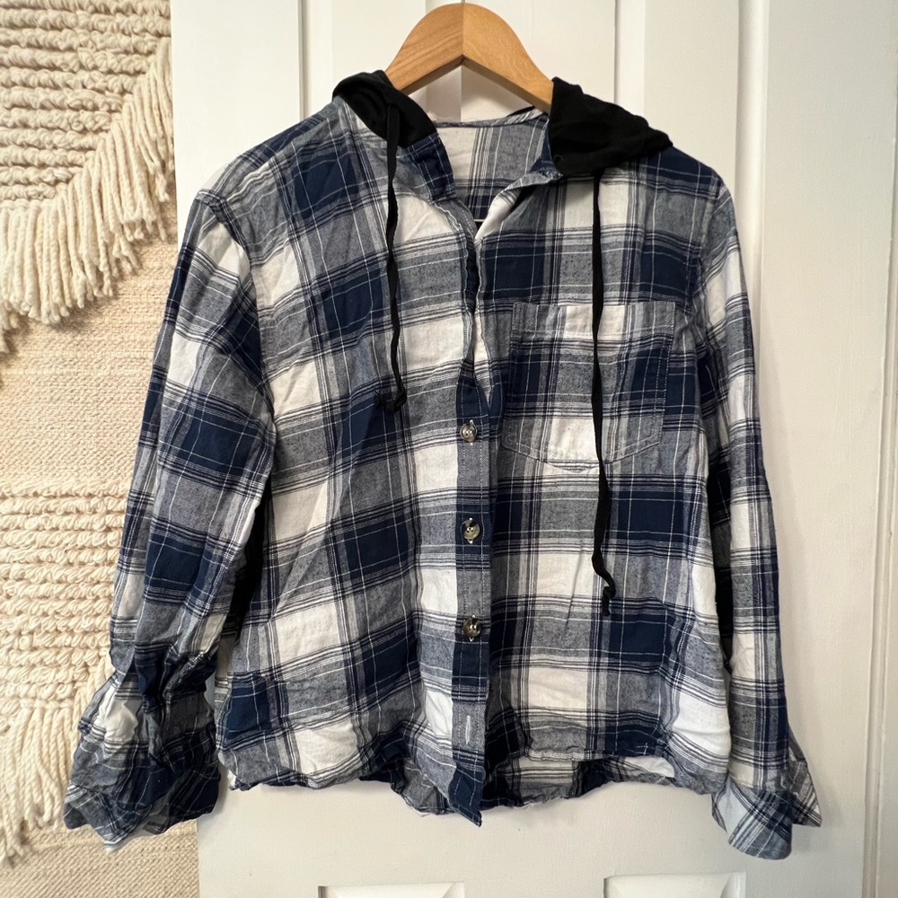 Navy & white Button up shirt with Hood